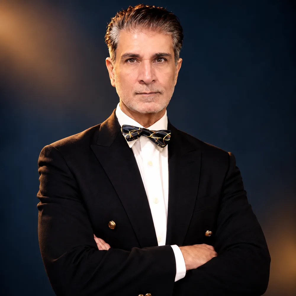 Portrait of Brahm Memone in a dark double-breasted jacket and bow tie, arms crossed
