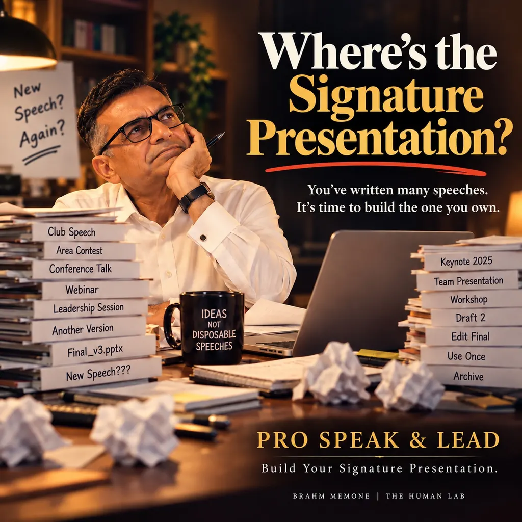 Uncle Bob at his desk surrounded by old speeches, asking: where is the Signature Presentation?